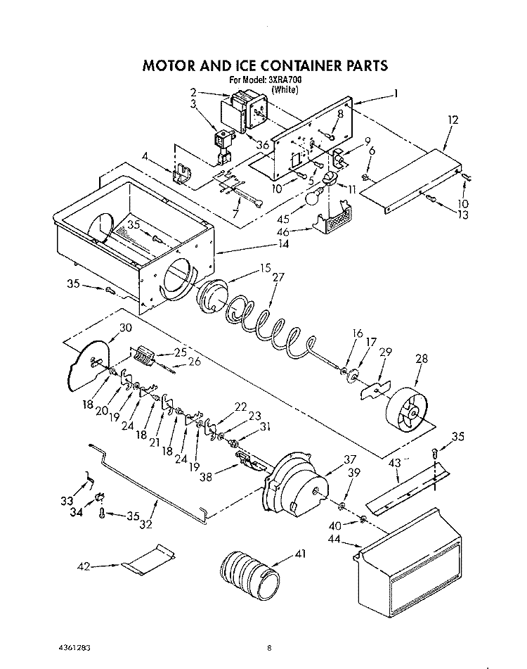 MOTOR AND ICE CONTAINER Diagram and Parts List for 3XRA700  Whirlpool Refrigerator