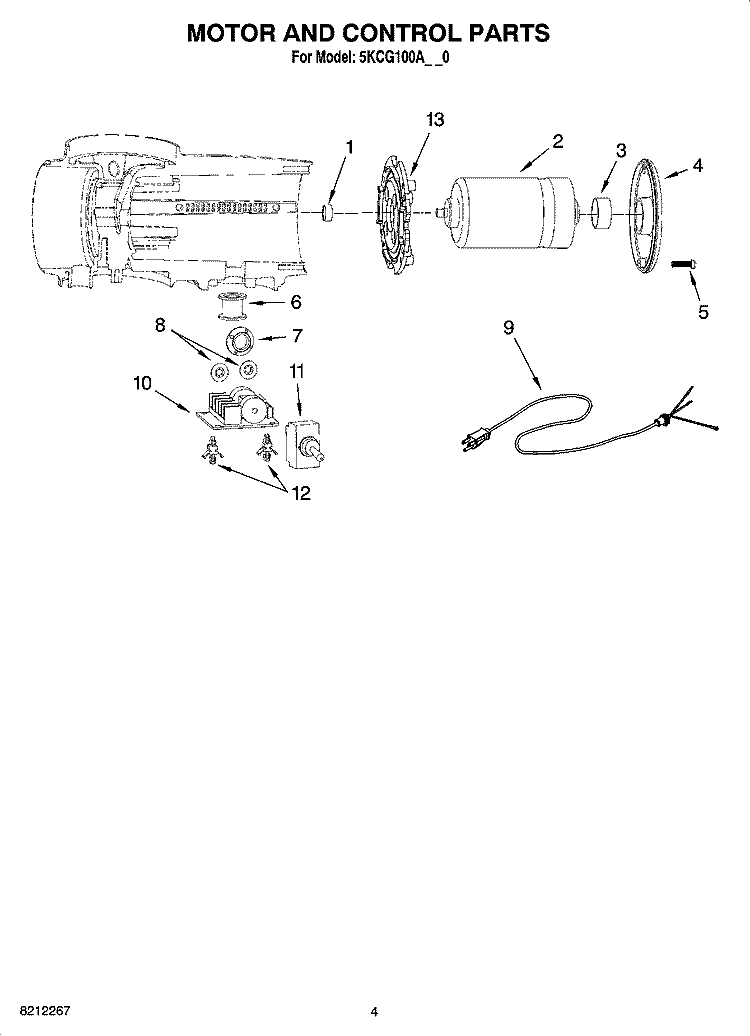 MOTOR AND CONTROL PARTS Diagram and Parts List for 5KCG100APM0  KitchenAid Coffee Grinder