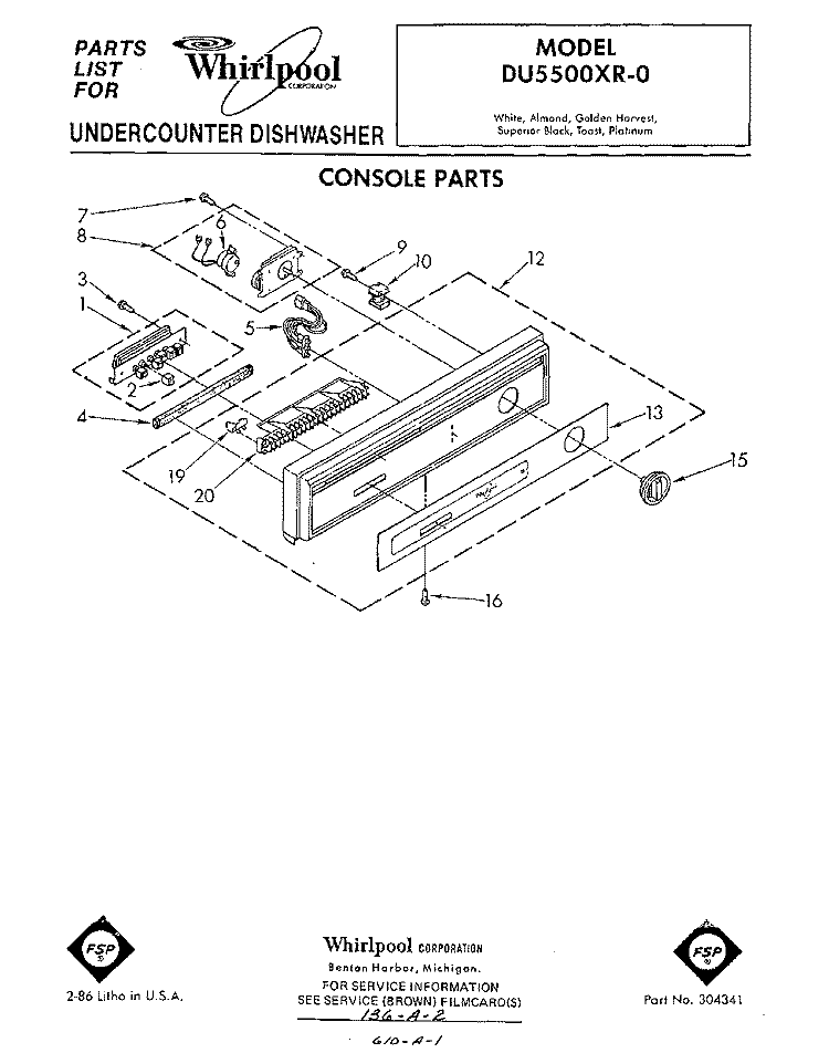 CONSOLE Diagram and Parts List for DU5500XR0  Whirlpool Dishwasher