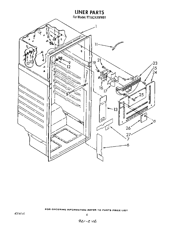 LINER Diagram and Parts List for TT18CKXWN01  Whirlpool Refrigerator