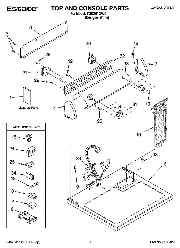 TOP AND CONSOLE PARTS Diagram and Parts List for TGDX640PQ0  Estate Dryer