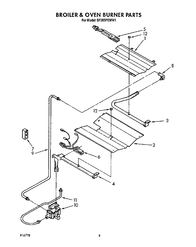 BROILER AND OVEN BURNER Diagram and Parts List for SF385PEWW1  Whirlpool Range