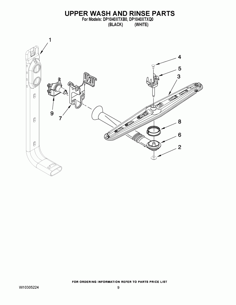 UPPER WASH AND RINSE PARTS Diagram and Parts List for DP1040XTXB0  Whirlpool Dishwasher