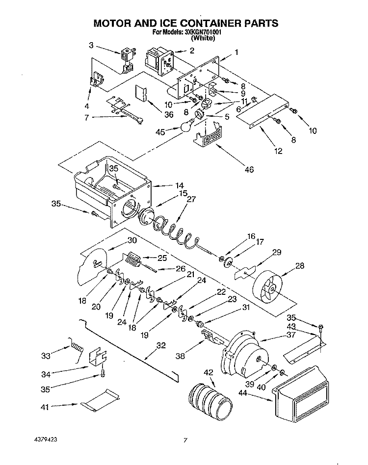 MOTOR AND ICE CONTAINER Diagram and Parts List for 3XKGN701001  Whirlpool Refrigerator