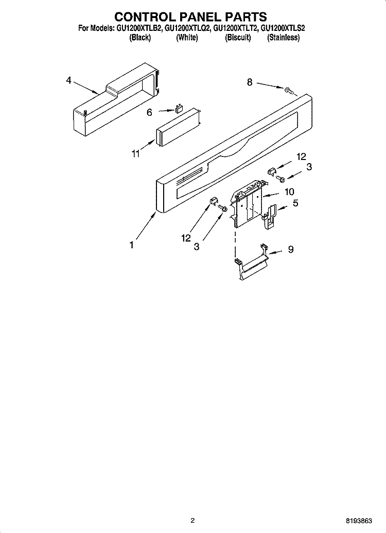 CONTROL PANEL PARTS Diagram and Parts List for GU1200XTLB2  Whirlpool Dishwasher