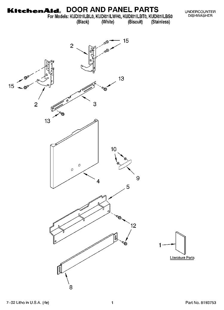 DOOR AND PANEL, LITERATURE Diagram and Parts List for KUDI01ILSS0  Whirlpool Dishwasher