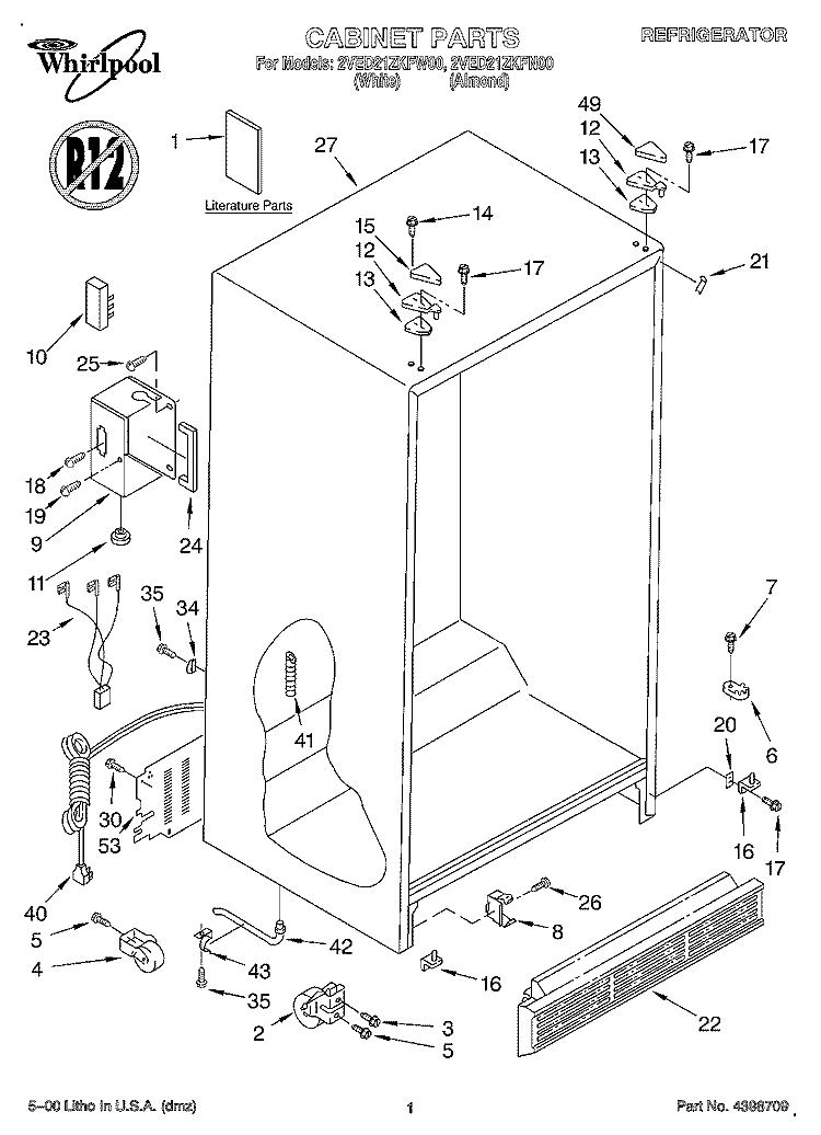 CABINET, LITERATURE Diagram and Parts List for 2VED21ZKFW00  Whirlpool Refrigerator