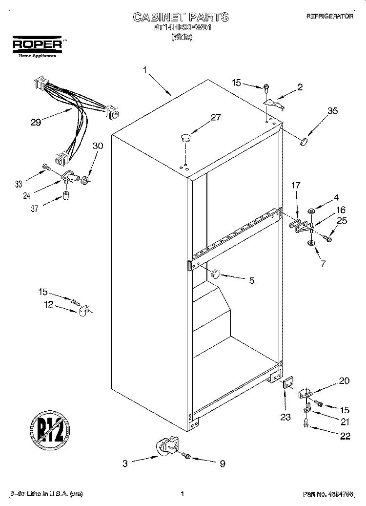 CABINET Diagram and Parts List for RT14HBXFW01  Roper Refrigerator
