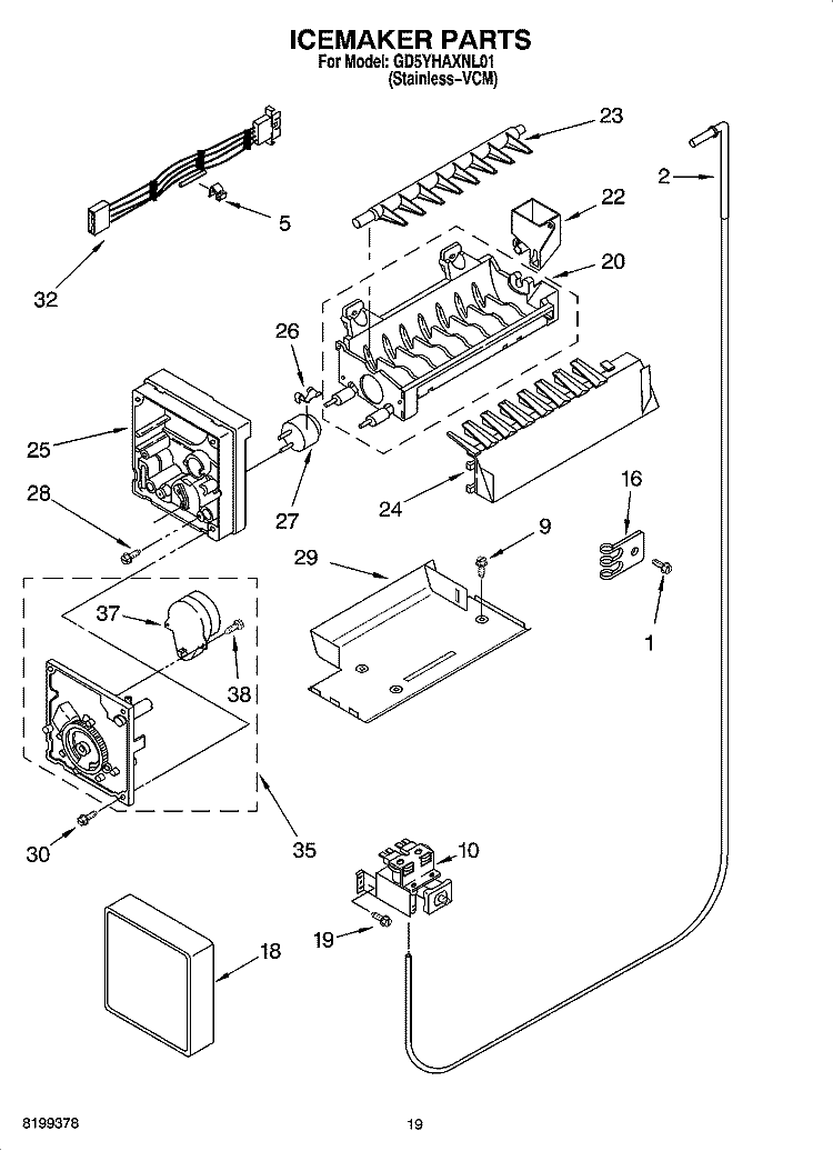 ICEMAKER PARTS Diagram and Parts List for GD5YHAXNL01  Whirlpool Refrigerator