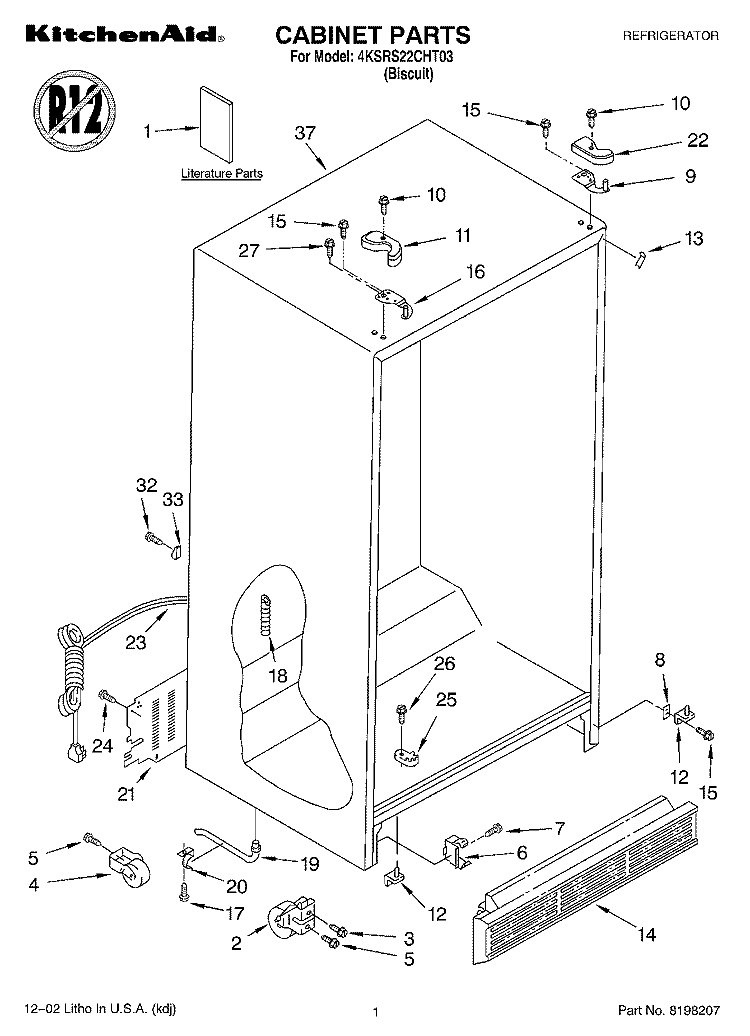 CABINET PARTS Diagram and Parts List for 4KSRS22CHT03  KitchenAid Refrigerator