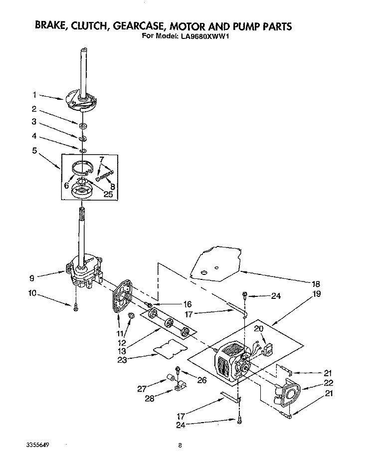 BRAKE, CLUTCH, GEARCASE, MOTOR AND PUMP Diagram and Parts List for LA9680XWF1  Whirlpool Washer