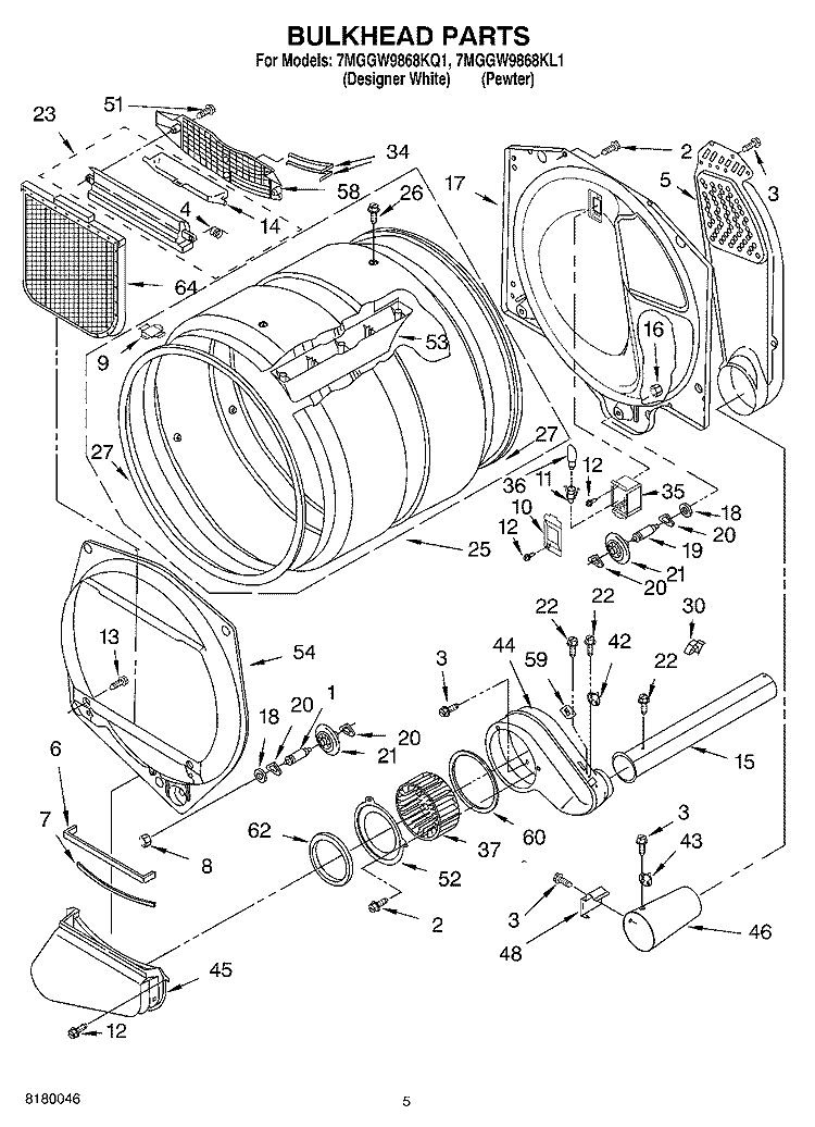 BULKHEAD PARTS Diagram and Parts List for 7MGGW9868KL1  Whirlpool Dryer