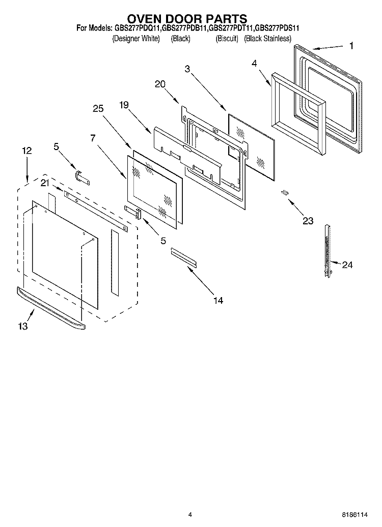 OVEN DOOR PARTS Diagram and Parts List for GBS277PDB11  Whirlpool Wall Oven