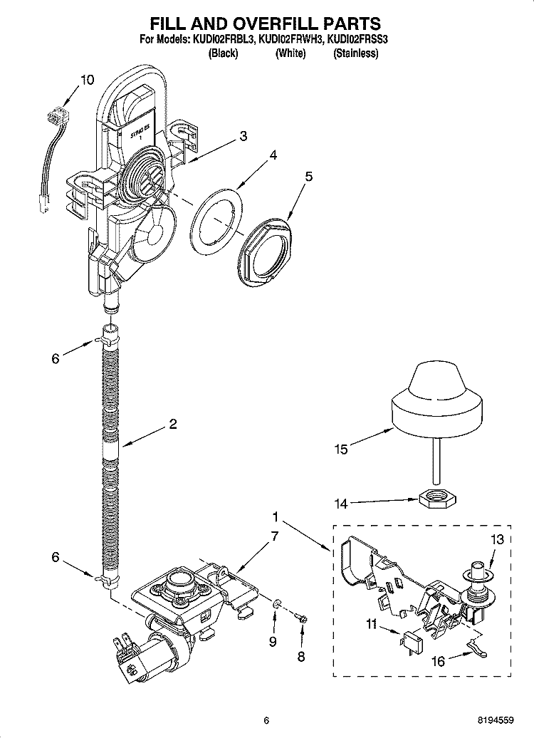 FILL AND OVERFILL PARTS Diagram and Parts List for KUDI02FRWH3  KitchenAid Dishwasher