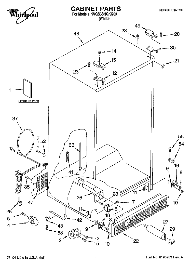 CABINET PARTS Diagram and Parts List for 5VGS3SHGKQ03  Whirlpool Refrigerator