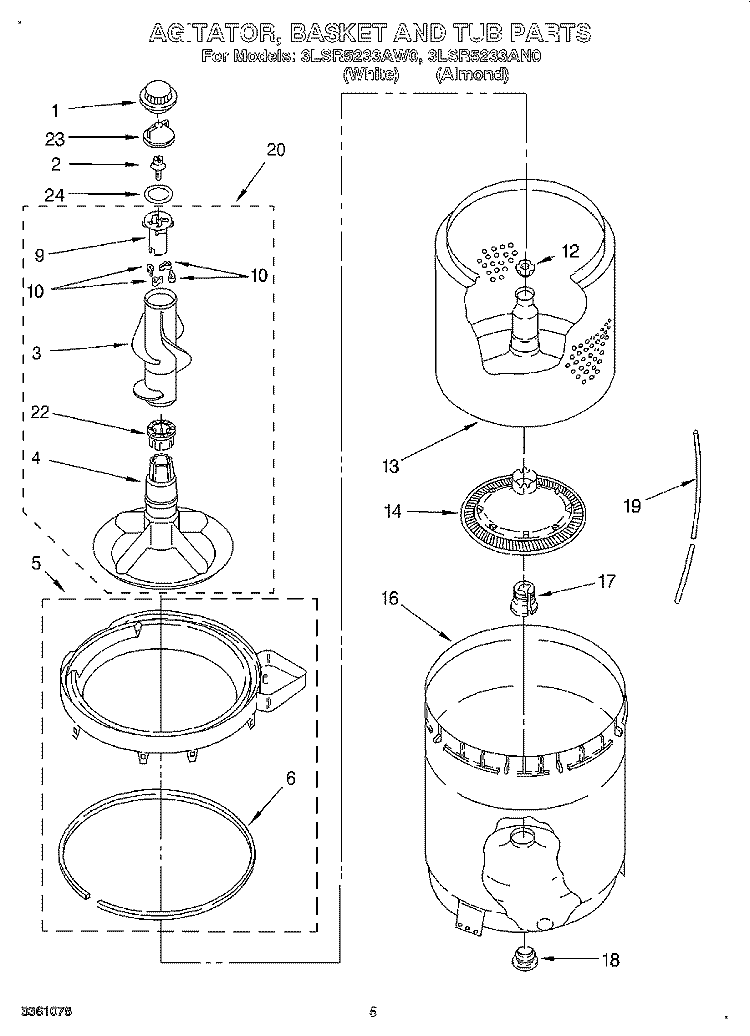AGITATOR, BASKET AND TUB Diagram and Parts List for 3LSR5233AN0  Whirlpool Washer