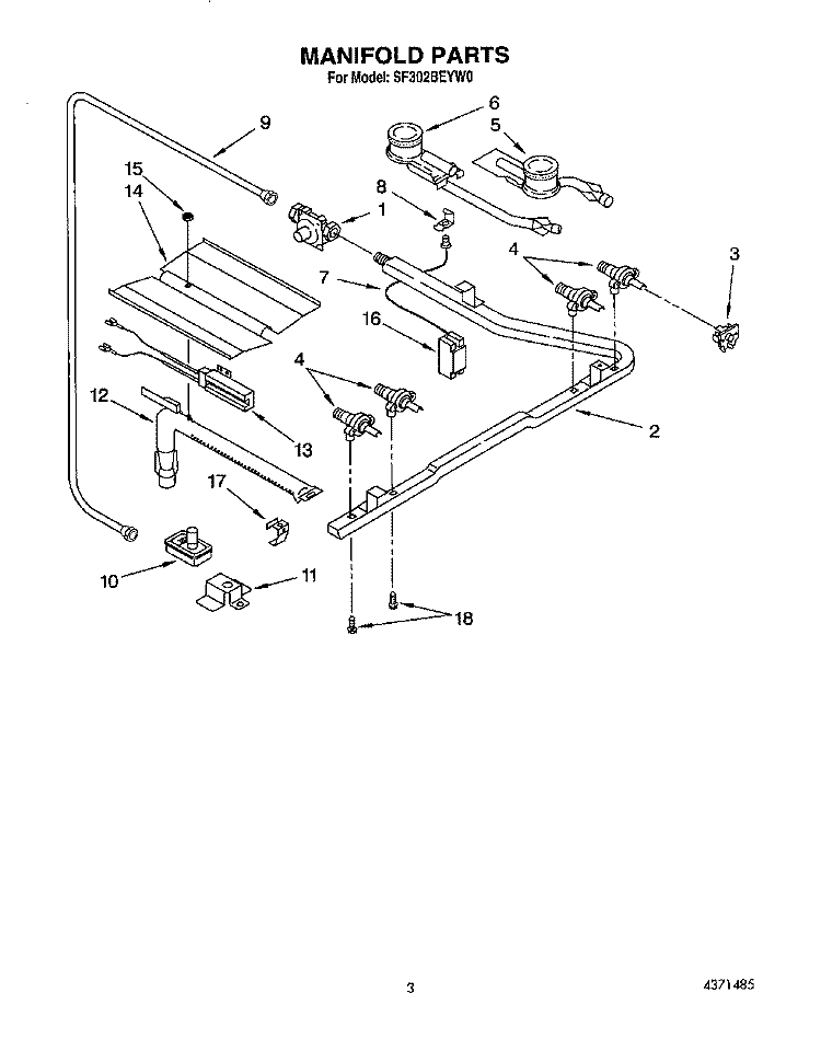 MANIFOLD Diagram and Parts List for SF302BEYN0  Whirlpool Range