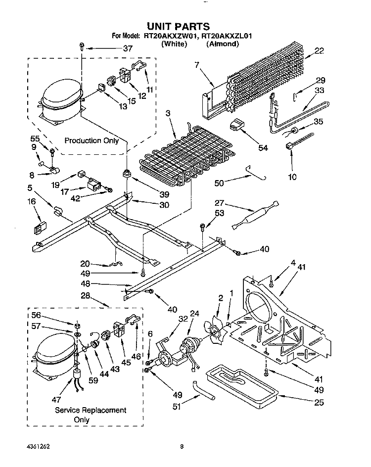 UNIT Diagram and Parts List for RT20AKXZW01  Roper Refrigerator