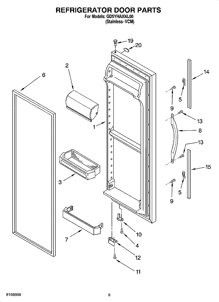 REFRIGERATOR DOOR PARTS Diagram and Parts List for GD5YHAXNL00  Whirlpool Refrigerator