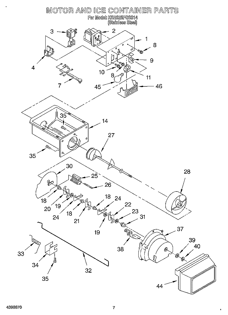 MOTOR AND ICE CONTAINER Diagram and Parts List for KSRS25FGSS14  KitchenAid Refrigerator