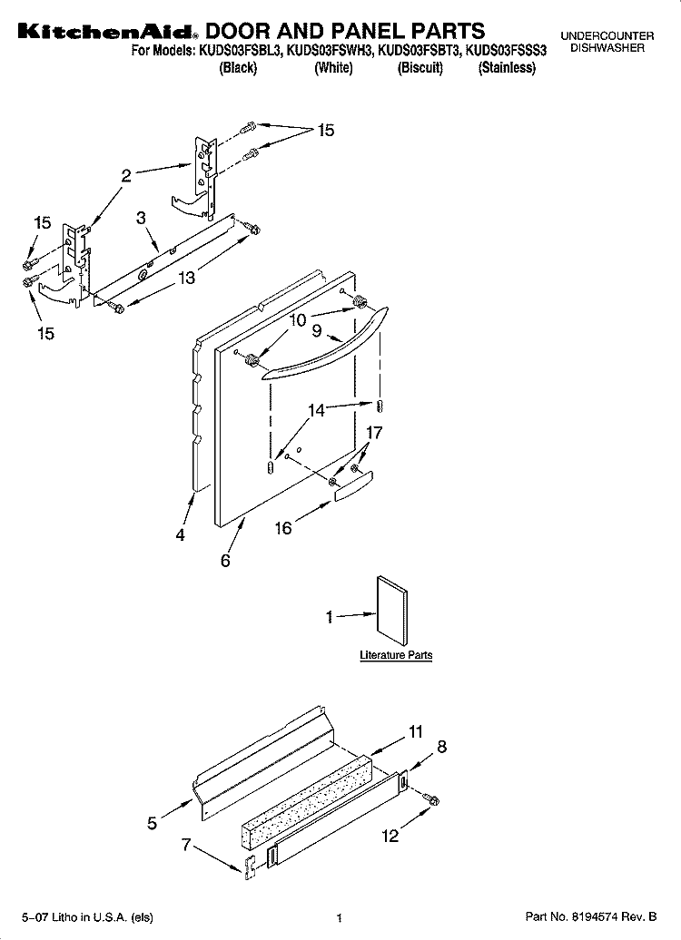 DOOR AND PANEL PARTS Diagram and Parts List for KUDS03FSBL3  KitchenAid Dishwasher