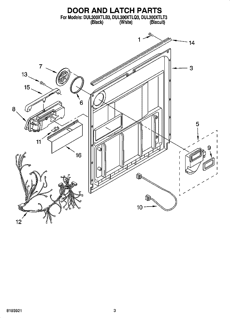 DOOR AND LATCH PARTS Diagram and Parts List for DUL300XTLT3  Whirlpool Dishwasher
