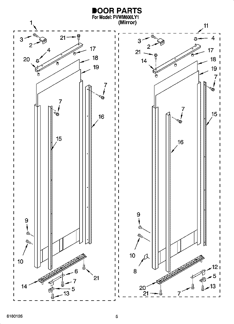 DOOR PARTS Diagram and Parts List for PVWM600LY1  Whirlpool Cabinet