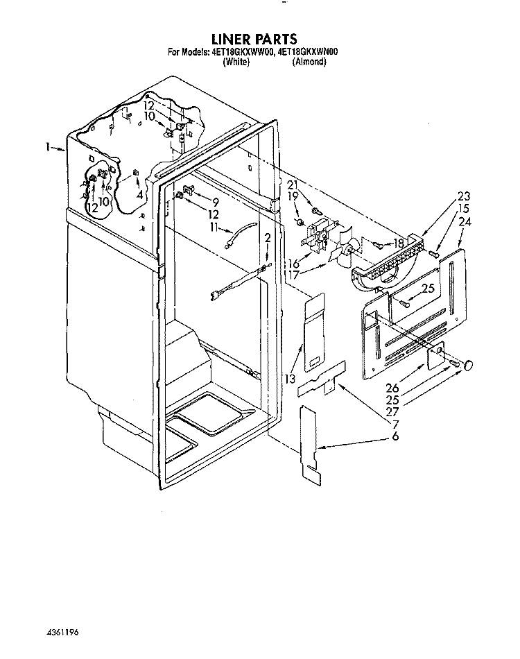 LINER Diagram and Parts List for 4ET18GKXWW00  Whirlpool Refrigerator