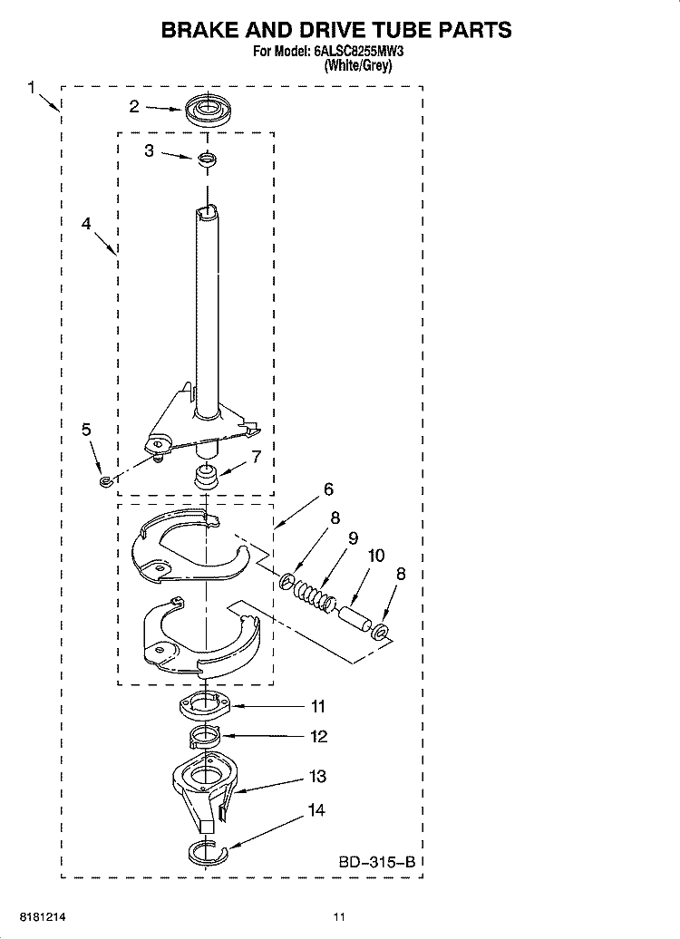 BRAKE AND DRIVE TUBE PARTS Diagram and Parts List for 6ALSC8255MW3  Whirlpool Washer