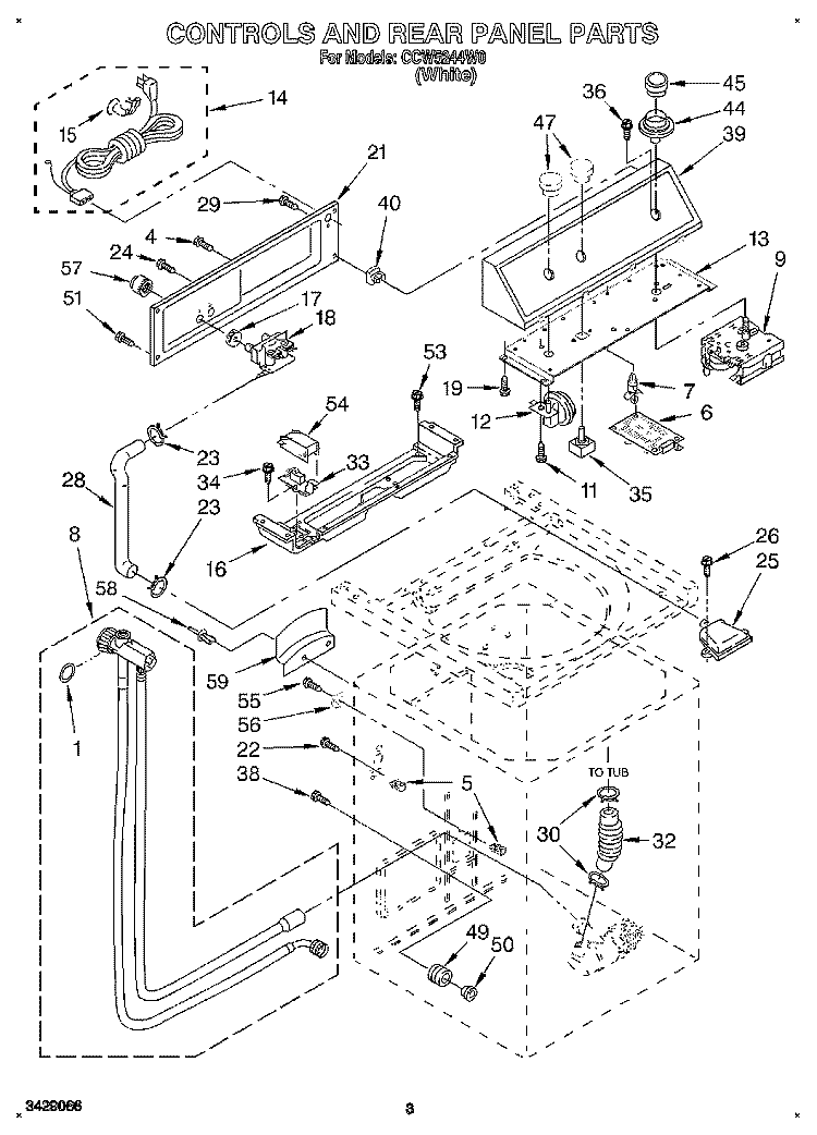 CONTROLS AND REAR PANEL Diagram and Parts List for CCW5244W0  Whirlpool Washer