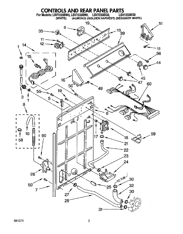 CONTROLS AND REAR PANEL Diagram and Parts List for LSV7233BQ0  Whirlpool Washer