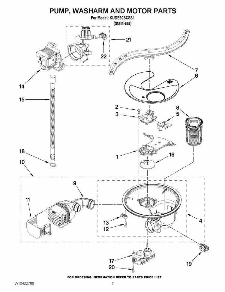 PUMP, WASHARM AND MOTOR PARTS Diagram and Parts List for KUDE60SXSS1  KitchenAid Dishwasher