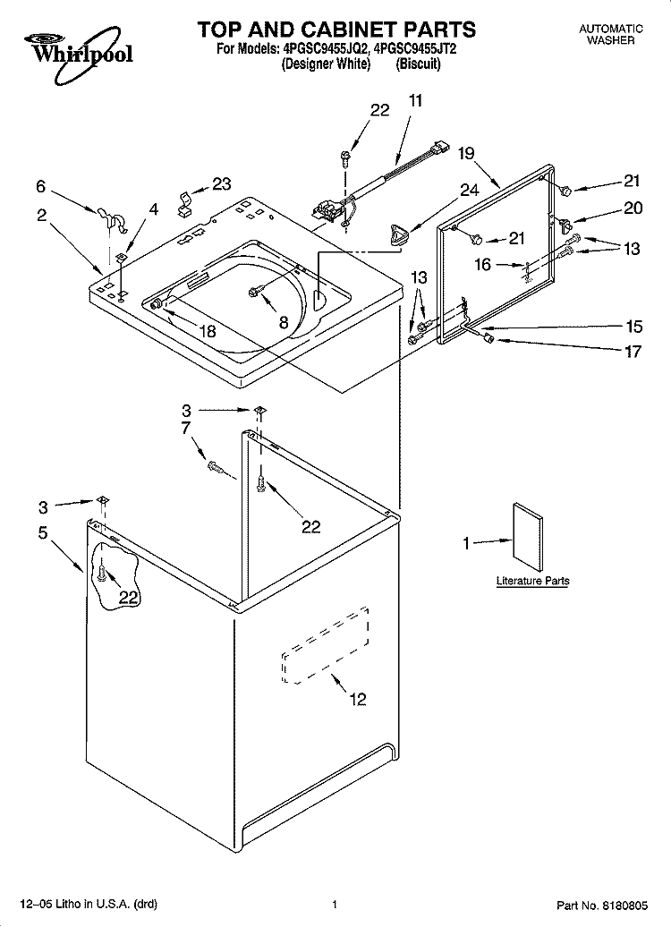 TOP AND CABINET PARTS Diagram and Parts List for 4PGSC9455JT2  Whirlpool Washer