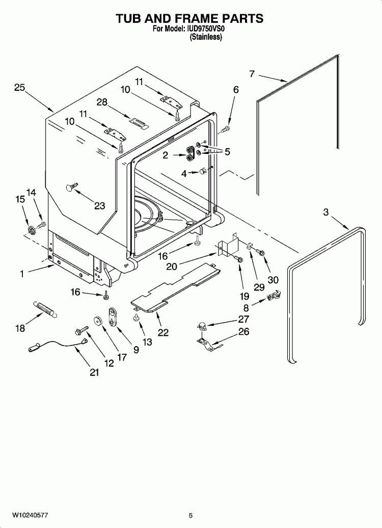 TUB AND FRAME PARTS Diagram and Parts List for IUD9750VS0  Whirlpool Dishwasher