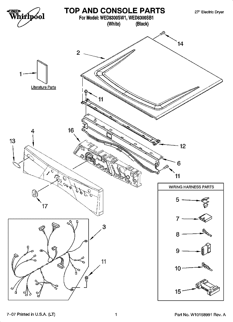 TOP AND CONSOLE PARTS Diagram and Parts List for WED8300SB1  Whirlpool Dryer