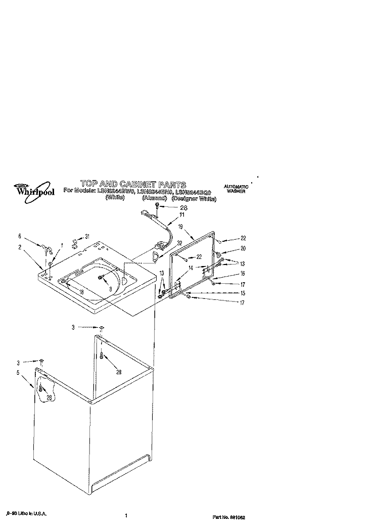 TOP AND CABINET, LIT/OPTIONAL Diagram and Parts List for LSN8244BN0  Whirlpool Washer