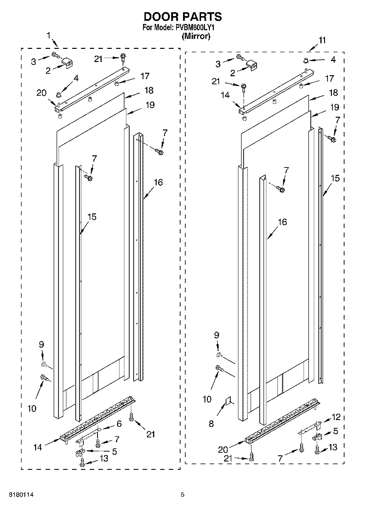 DOOR PARTS Diagram and Parts List for PVBM600LY1  Whirlpool Cabinet