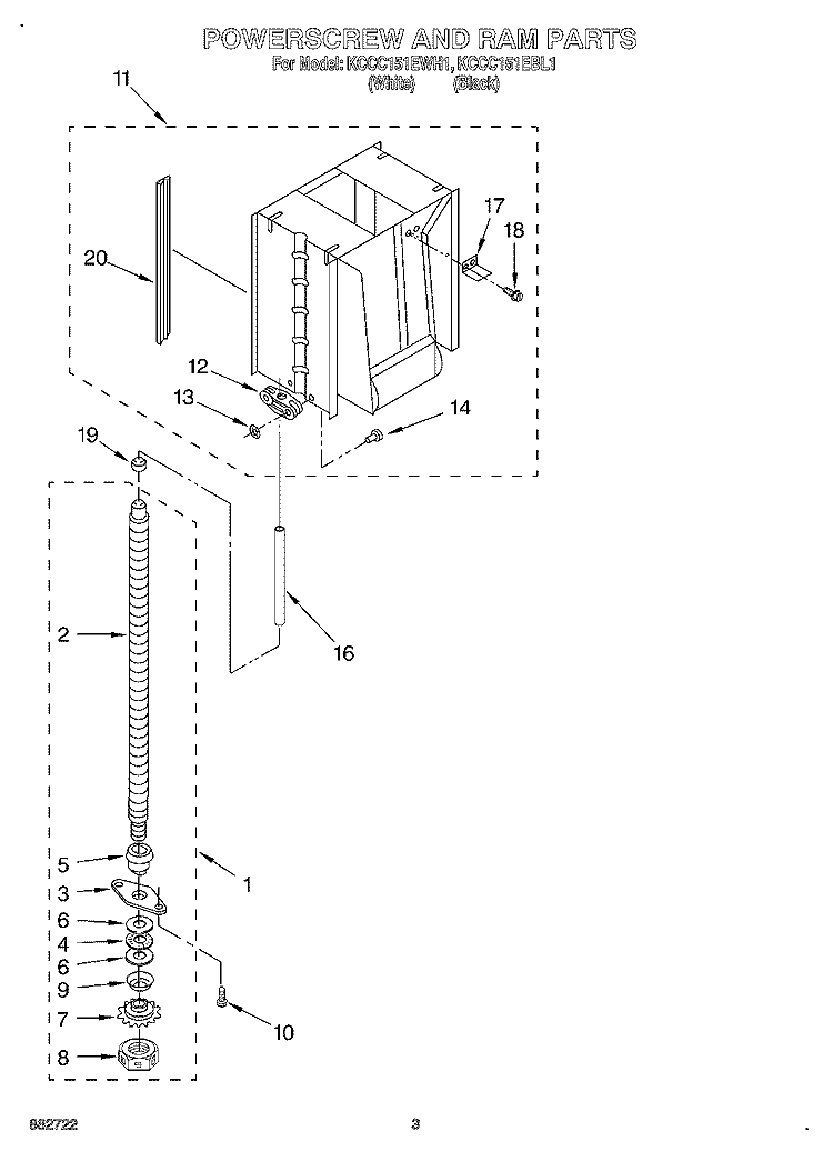 POWERSCREW AND RAM Diagram and Parts List for KCCC151EBL1  KitchenAid Trash Compactor