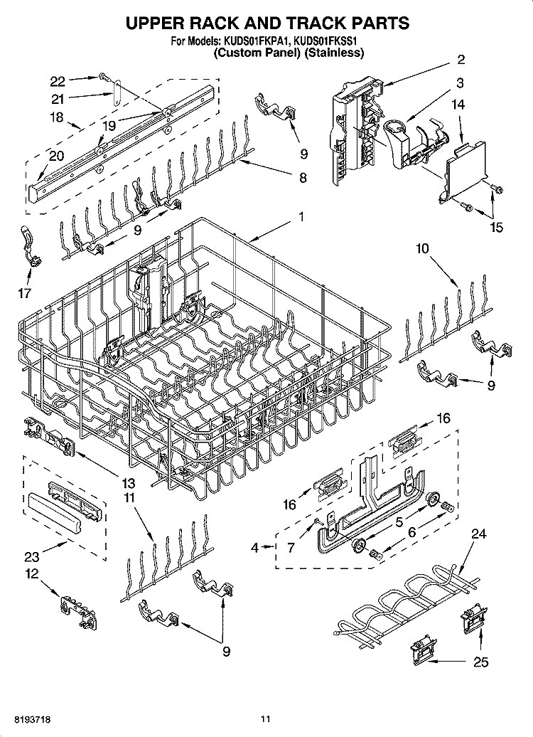 UPPER RACK AND TRACK PARTS Diagram and Parts List for KUDS01FKSS1  KitchenAid Dishwasher