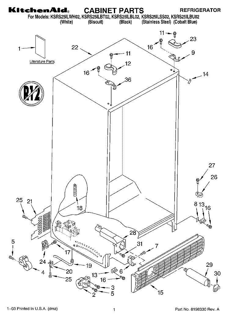 CABINET PARTS Diagram and Parts List for KSRS25ILBT02  KitchenAid Refrigerator