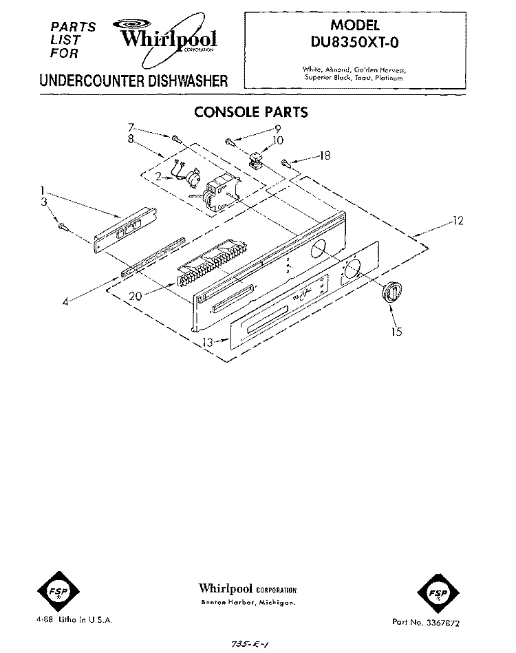 CONSOLE Diagram and Parts List for DU8350XT0  Whirlpool Dishwasher