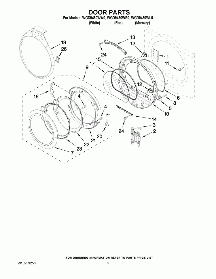 DOOR PARTS Diagram and Parts List for WGD9450WW0  Whirlpool Dryer