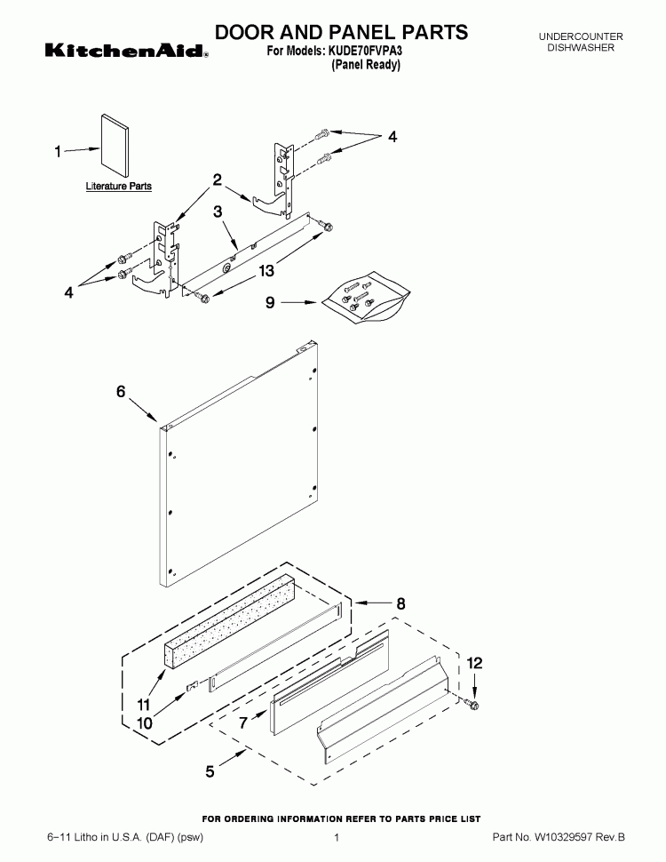 DOOR AND PANEL PARTS Diagram and Parts List for KUDE70FVPA3  KitchenAid Dishwasher