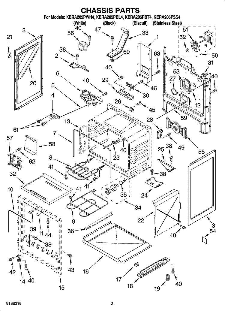 CHASSIS PARTS Diagram and Parts List for KERA205PBL4  KitchenAid Range