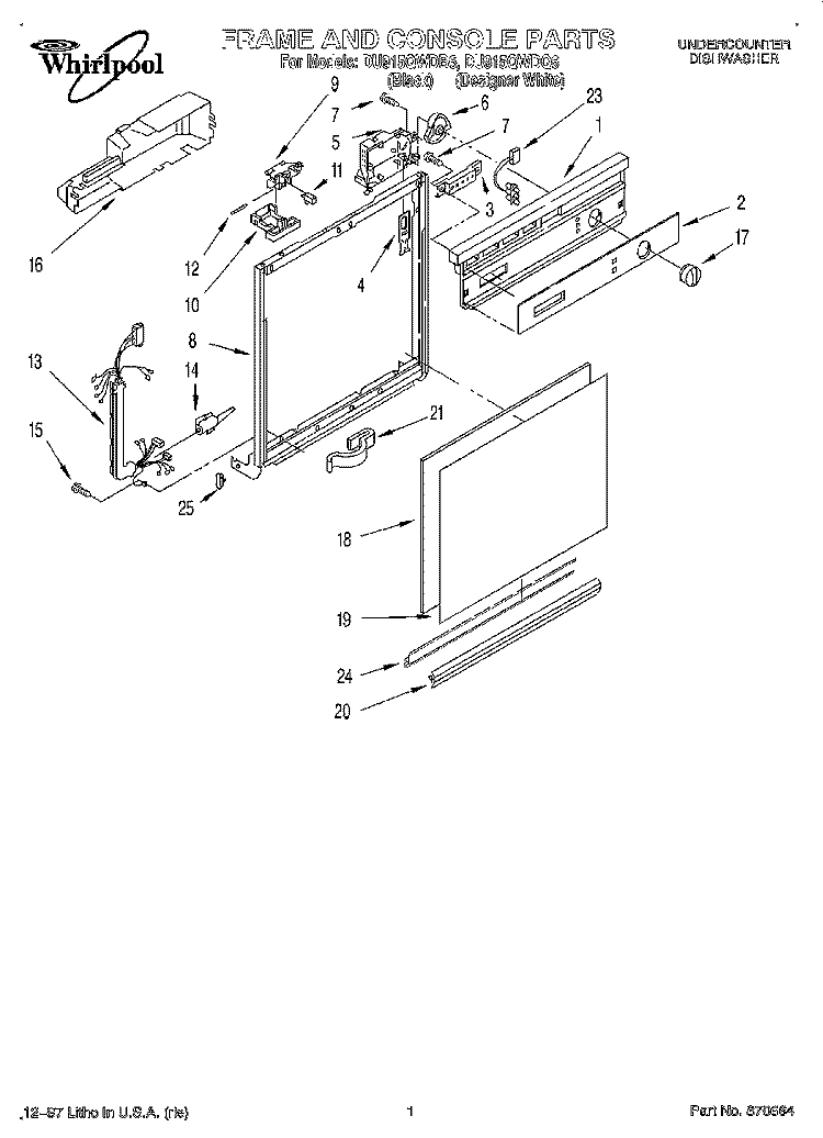 FRAME AND CONSOLE Diagram and Parts List for DU915QWDB6  Whirlpool Dishwasher