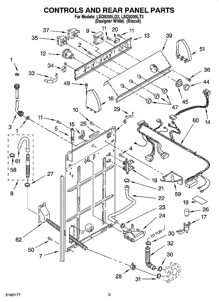 CONTROLS AND REAR PANEL PARTS Diagram and Parts List for LSQ9200LT3  Whirlpool Washer