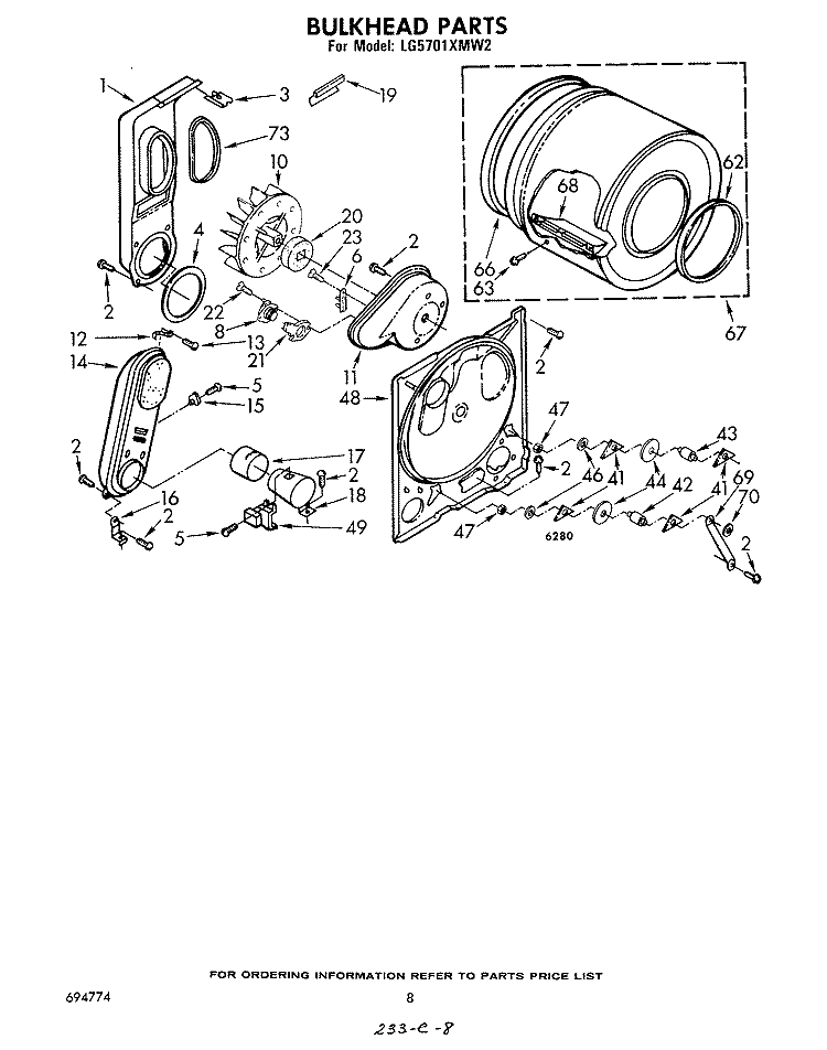 BULKHEAD Diagram and Parts List for LG5701XMW2  Whirlpool Dryer