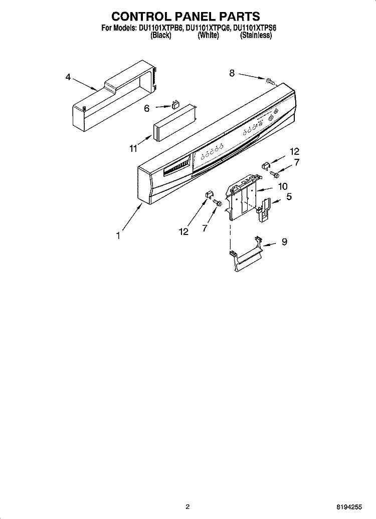 CONTROL PANEL PARTS Diagram and Parts List for DU1101XTPS6  Whirlpool Dishwasher