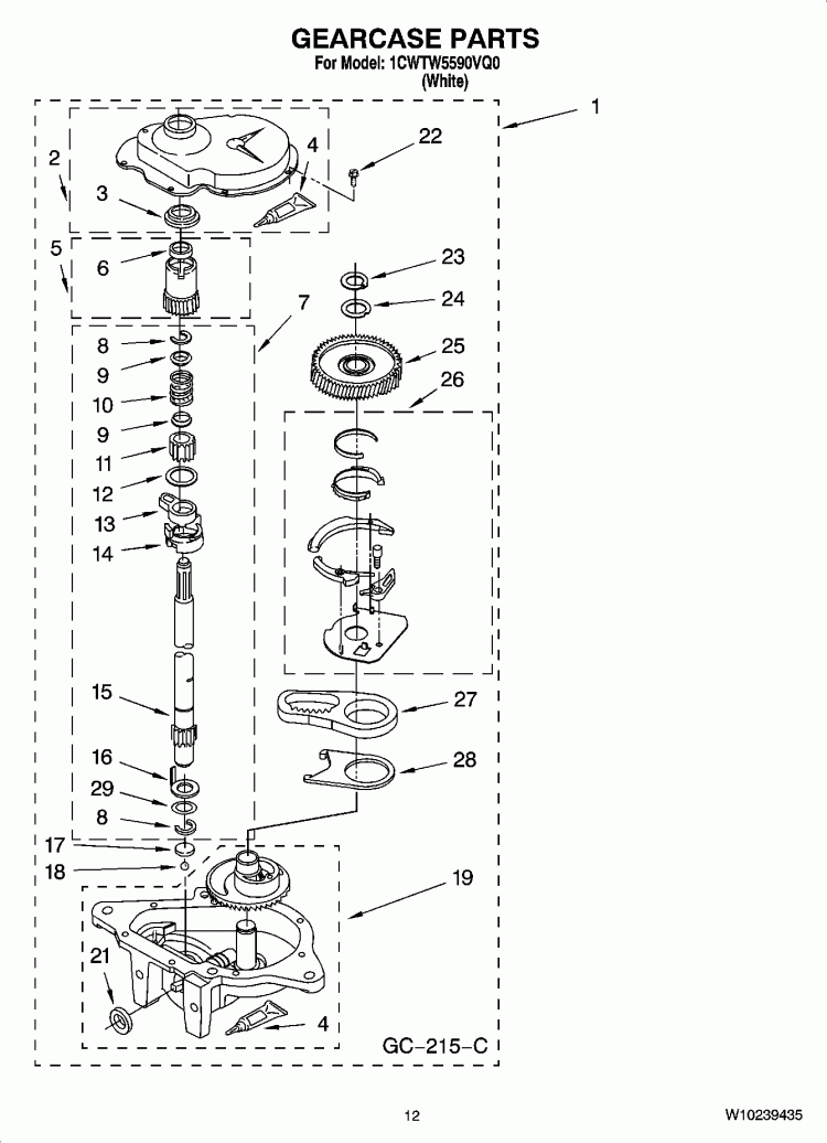 GEARCASE PARTS Diagram and Parts List for 1CWTW5590VQ0  Whirlpool Washer