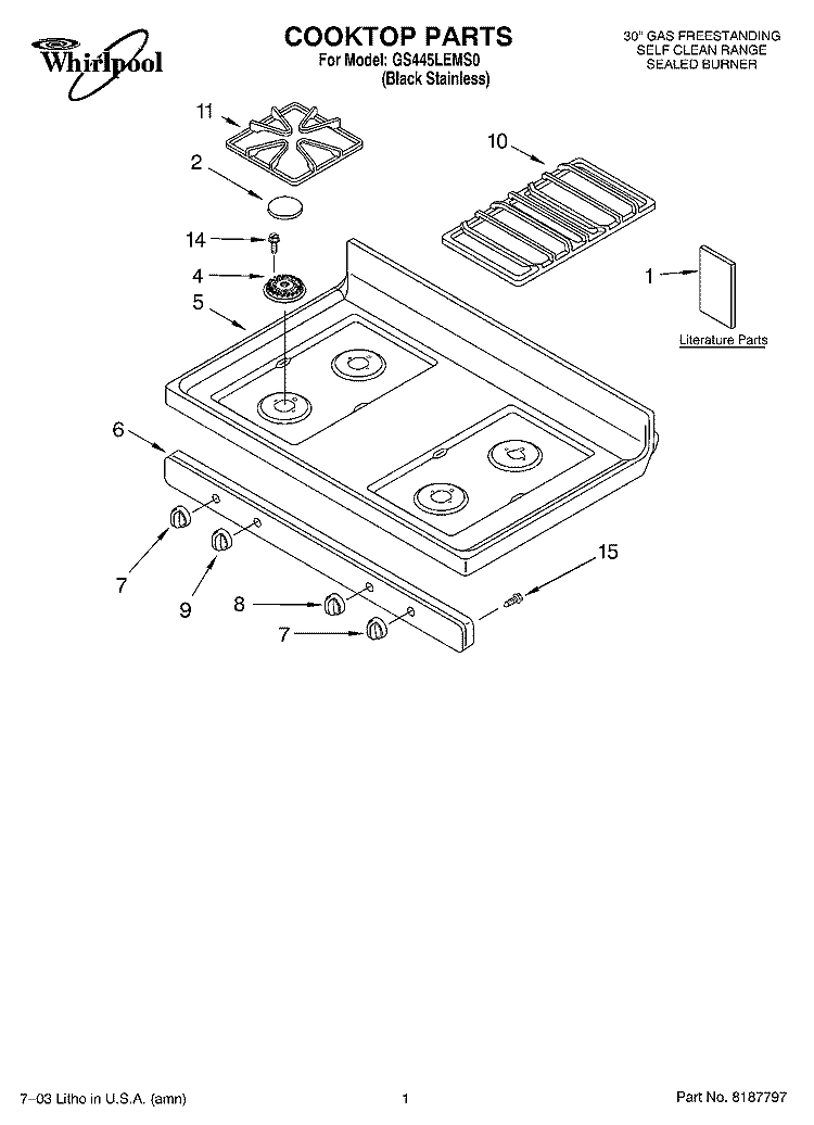 COOKTOP PARTS Diagram and Parts List for GS445LEMS0  Whirlpool Range
